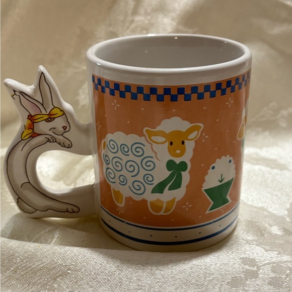 Vintage Charming Sheep and Rabbit Mug - Orange and White - Picture 3 of 7